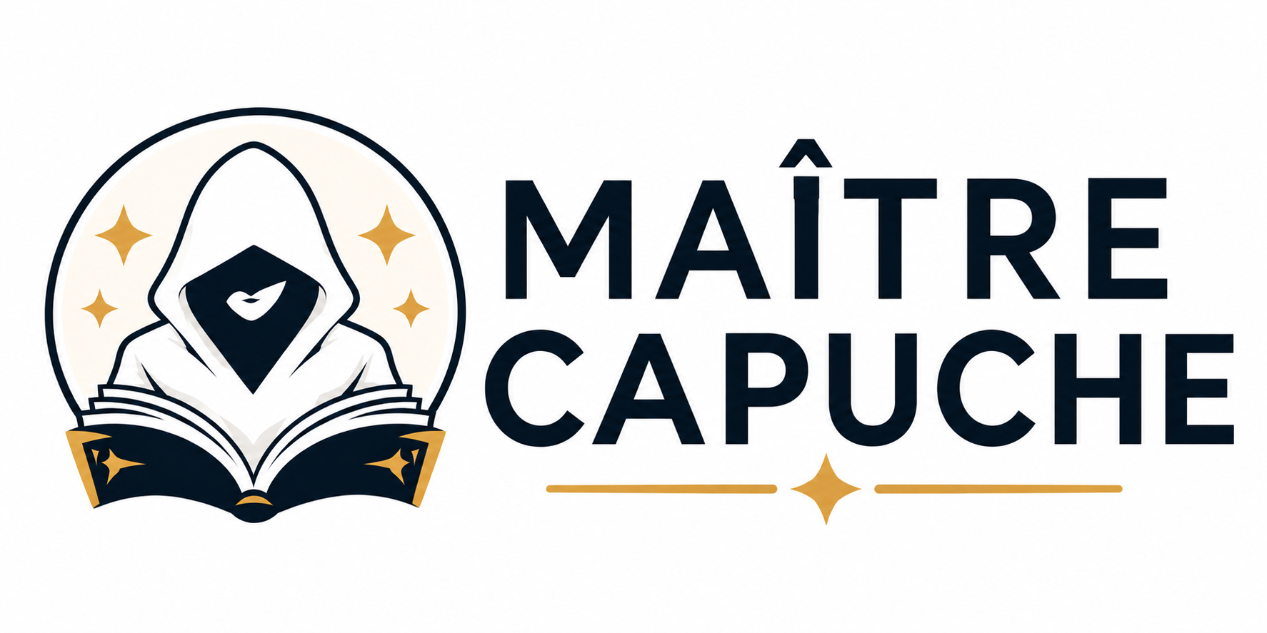 Logo Maître Capuche avec emblème rond et livre à gauche et nom à droite